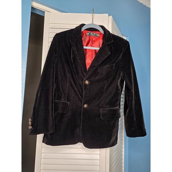 Black Velvet Blazer Jacket With Red Lining & Gold Button Details By Yuan Lu - Picture 13 of 16